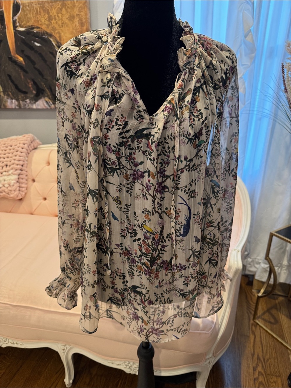 H&M Ivory Sheer Floral Tie-Neck Blouse with Multicolor Print